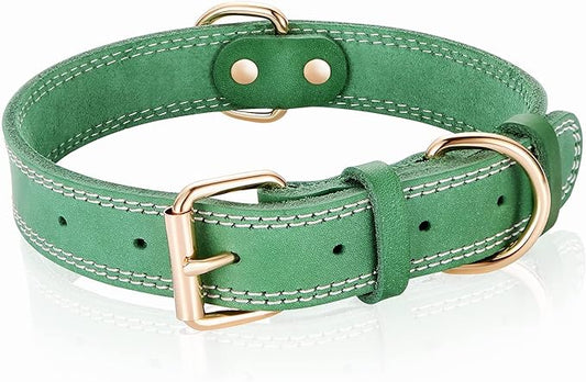Leather Dog Collar, Heavy Duty, Wide, Genuine, for Medium & Large Dogs, Dual Stitch - Green DAIHAQIKO