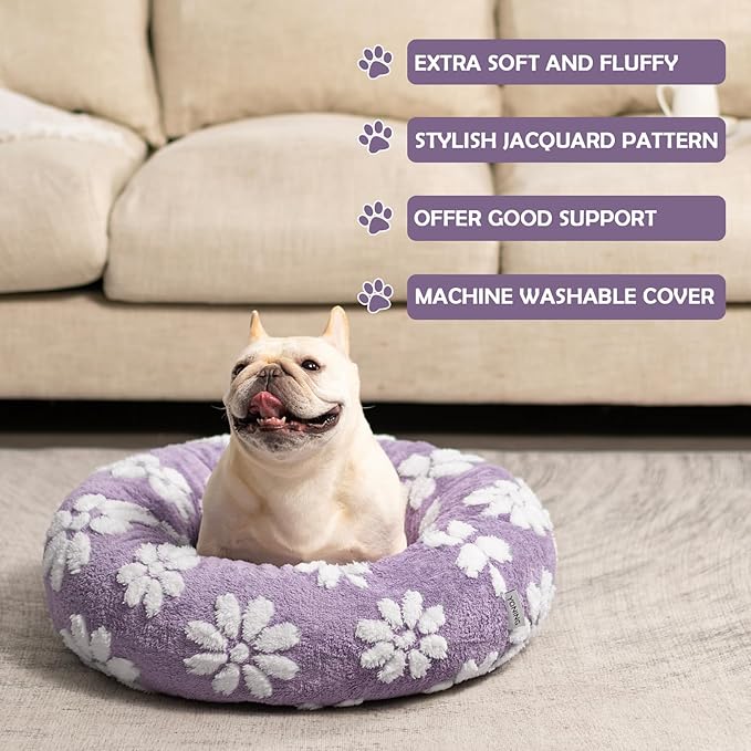 Donut Dog Beds for Small Dogs, Calming Round Cat Beds for Indoor Cats, Cute 3D Textured Flower Pet Bed with Removable Washable Cover and Anti-Slip Bottom（Purple，20"） - PAWPICO