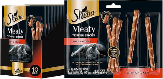 Sheba Meaty Tender Sticks Soft Cat Treats with Chicken, 0.14 oz., 5 Count (Pack of 10) Sheba