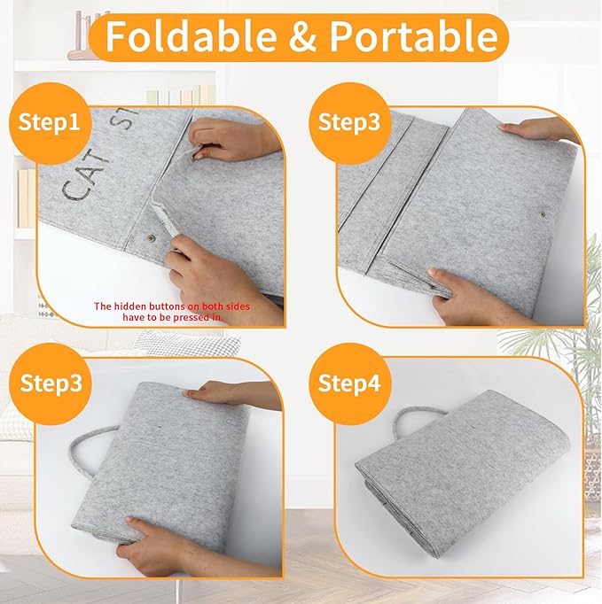 Cat Toy Storage Box for Wand Toys, Durable Pet Storage Organizer with Handle for Cat Feather Toy Foldable Storage Hanging Bag for Keeping Teaser Wand Toys, Grey - PAWPICO