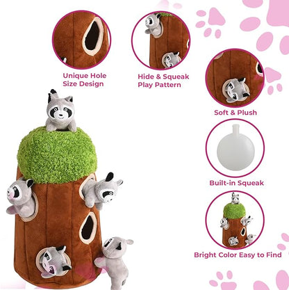 Raccoon in Tree Hide and Seek Dog Toy for Small and Medium Size Dogs, Plush Raccoon Inside Trunk Dog Toy with Squeaker, Interactive Burrow Dog Toy (Tree with Raccoons, Small) - PAWPICO