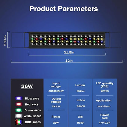 AQQA Aquarium Light,Remote Control Fish Tank Light,DIY Infinitely Adjustable Light Color,10 Light Brightnesses,2 Full Spectrum Lights,9 Dynamic Light Modes for Freshwater (26W for 24-32 inch Tank) AQQA