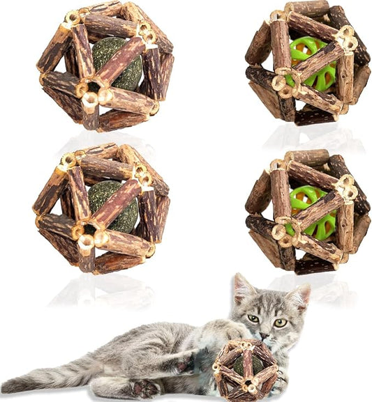 Cat Toys, 4 Packs Catnip Ball Toys, Nature Silvervine Stick Cage Cat Bell Balls, Catnip Toys for Cleaning Teeth, Relaxing Cats, for All Breeds - PAWPICO
