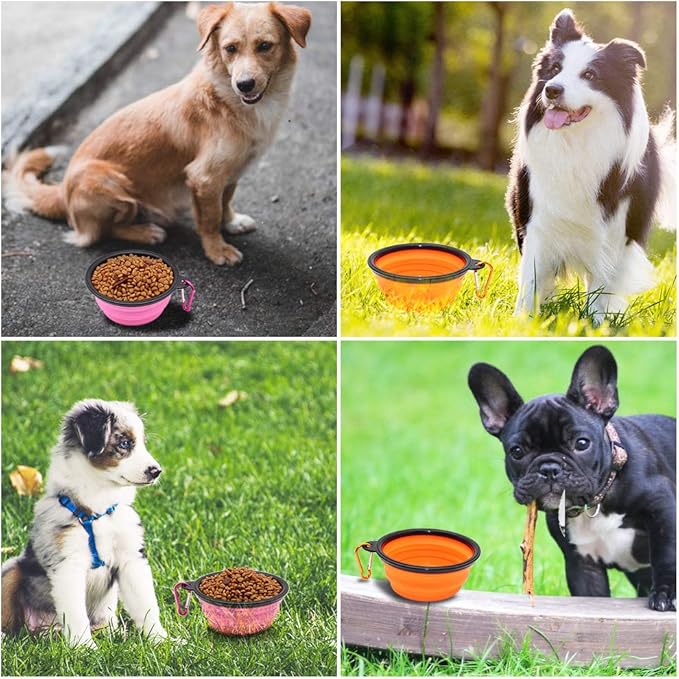 SLSON Collapsible Dog Bowls, 2 Pack, Portable Pet Feeding Watering Dish for Traveling with Carabiners (Small, Orange+Pink) - PAWPICO