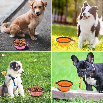 SLSON Collapsible Dog Bowls, 2 Pack, Portable Pet Feeding Watering Dish for Traveling with Carabiners (Small, Orange+Pink) - PAWPICO