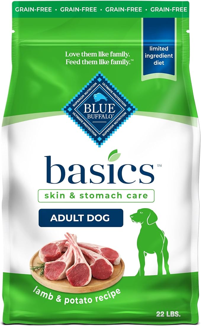 Blue Buffalo Basics Grain-Free Dry Dog Food for Adult Dogs, Limited Ingredient Diet, Lamb Recipe, 22-lb. Bag - PAWPICO