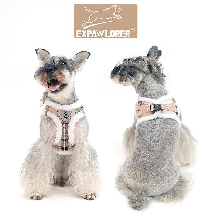 EXPAWLORER Fleece Lined Step-in Dog Harness - Soft Plush Padded Puppy Harness and Leash Set with Adjustable Dog Collar, No Pull Escape Proof Suede Dog Vest Harness for Small Dogs, Khaki S EXPAWLORER