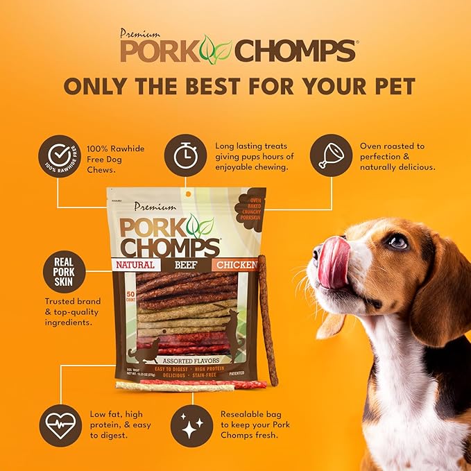 Pork Chomps Dog Chews, 5-inch Munchy Sticks, Assorted Flavors, 50 Count (Pack of 1) - PAWPICO