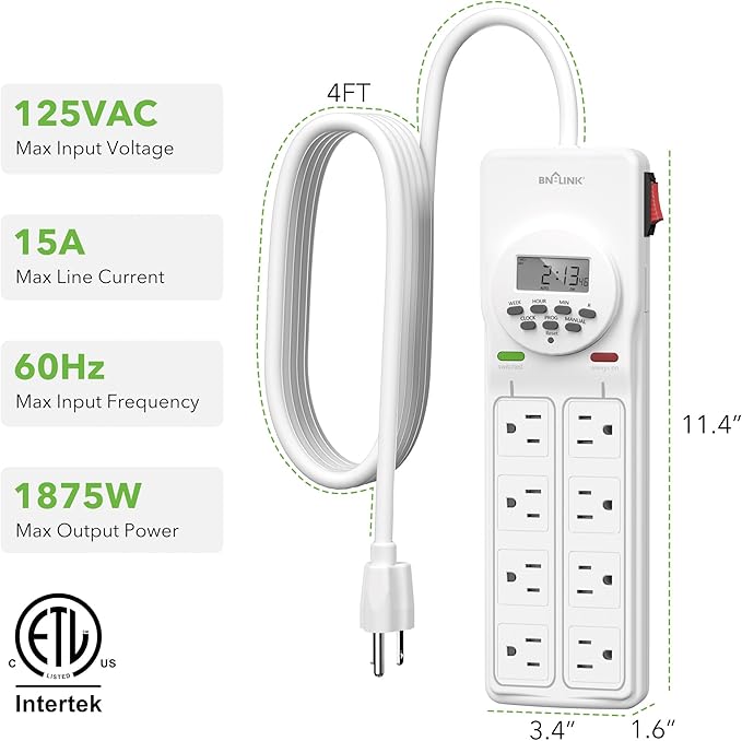 BN-LINK 8 Outlet Surge Protector with 7-Day Digital Timer (4 Outlets Timed, 4 Outlets Always On) - White BN-LINK