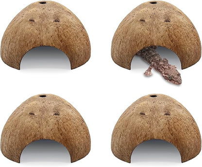 PINVNBY 4 PCS Natural Coconut Reptile Hideouts Lizard Coco Hut Hermit Crab Hut Aquarium Fish Hide Cave Spider Snail Climber Toys PINVNBY