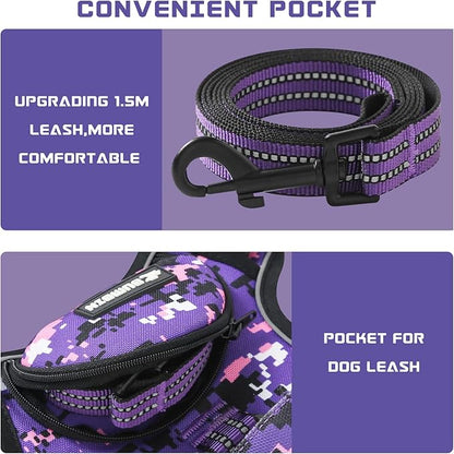 No Pull Dog Harness for Medium Dogs, Adjustable No Choke Pet Vest with Dog Leash Fit Smart Reflective Pet Walking Harness for Training Easy Control Soft Handle Purple Camo M BUMBIN