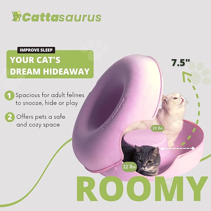 CATTASAURUS Peekaboo Cat Cave for Multiple & Large Cats Up to 30-45 Lbs, Scratch Detachable & Washable Tunnel Bed, Comfy Donut Cat Cave (Pink, Large) - PAWPICO