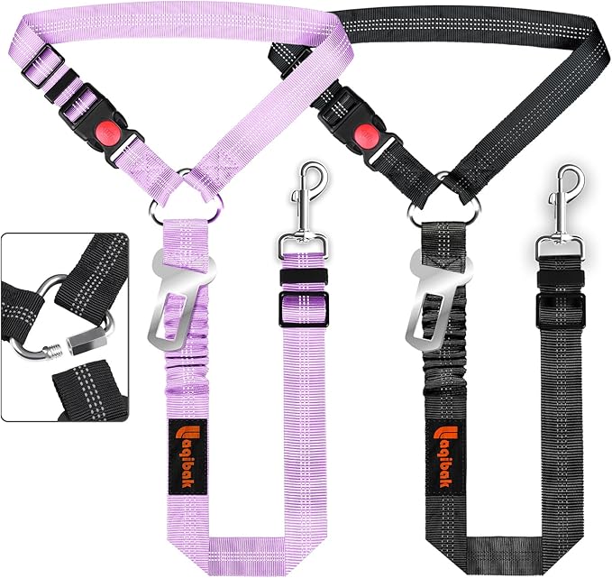 Removable Dog Seat Belt Harness for Car, 3 in 1 Pet Dog Car Seatbelt Leash, Retractable Restraint Secures to Vehicle Headrest & Adjustable Reflective Bungee Dog Seatbelt Tether, Purple and Black laqibakProductcollection
