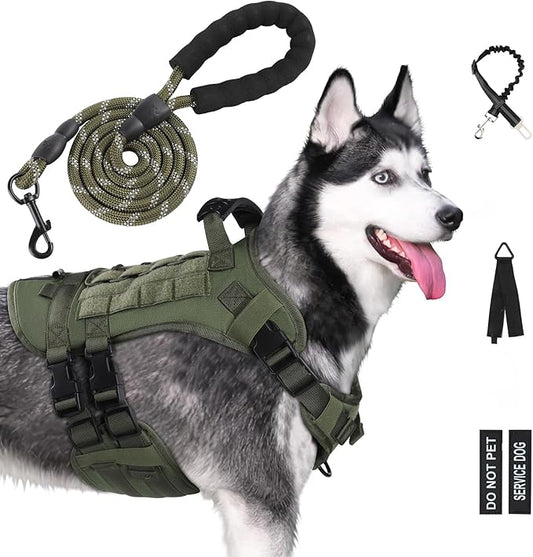 No Pull Tactical Dog Harness for Small Dogs, Escape Proof Molle Dog Vest Harness and Leash Set, Adjustable Military Service Dog Harness with Handle for Medium Large Dogs (Green, Small) Yungaspy