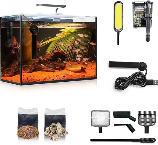 3 Gallon Aquarium Betta Fish Tank Starter Kit, Including Heater Self Cleaning Filter Light Rocks Gravel Cleaning Tool Set, HD Float Glass Small Fish Bowl Christmas Birthday Gift Present WONDERFACTORY