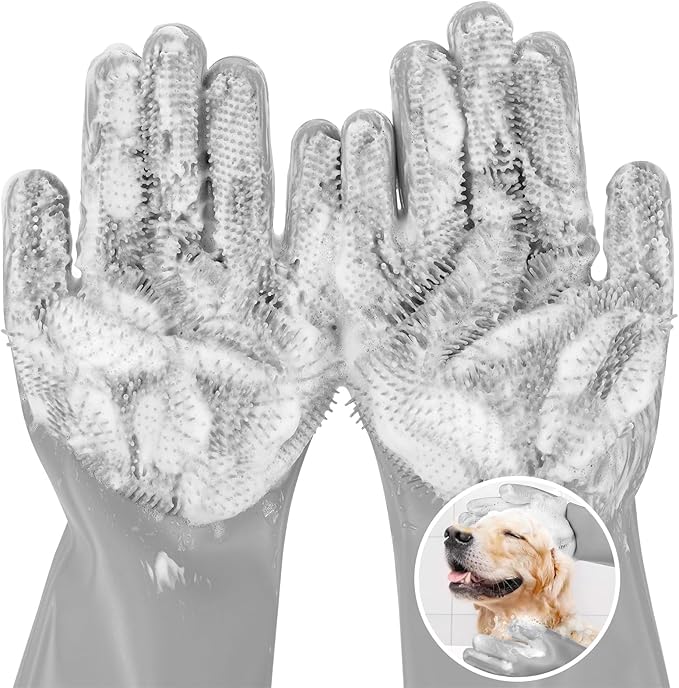 Pecute Pet Grooming Gloves, Large, Gray, Heat Resistant, High-Density Teeth, Silicone Dog Bathing Gloves with Enhanced Five Finger Design, for Washing, Bathing, and Massaging - PAWPICO