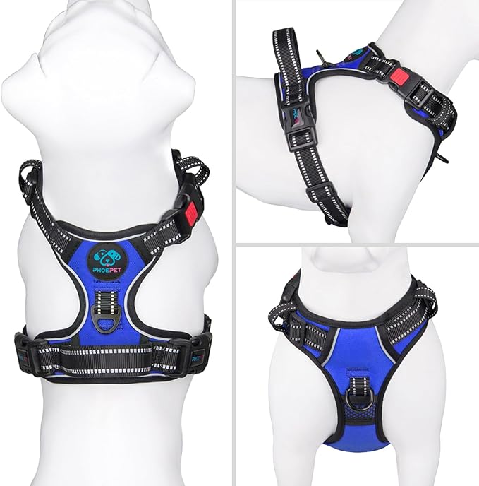 PHOEPET No Pull Dog Harness Medium Reflective Front Clip Vest with Handle,Adjustable 2 Metal Rings 3 Buckles,[Easy to Put on & Take Off](XL, Royal Blue) PHOEPET