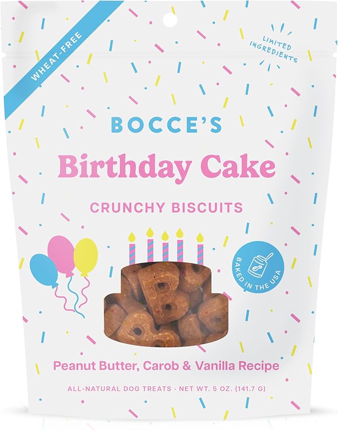 Bocce's Bakery Birthday Cake Treats for Dogs - Special Edition Wheat-Free Dog Treats, Made with Real Ingredients, Baked in The USA, All-Natural Peanut Butter Vanilla Biscuits, 5 oz - PAWPICO