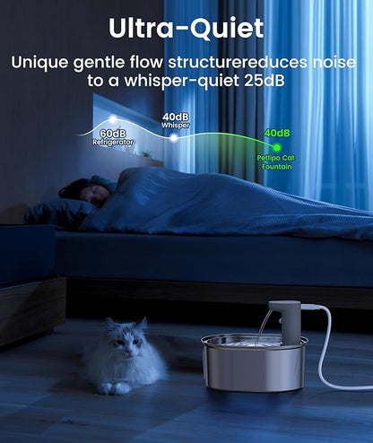 Wireless Cat Water Fountain, 3.5l/108oz Stainless Steel Pet Fountain with Motion Sensor, Ultra-Quiet Battery Operated Cat Fountain with 3 Working Modes, Suitable for Many Pets, (6 Filters + 6Sponge) - PAWPICO