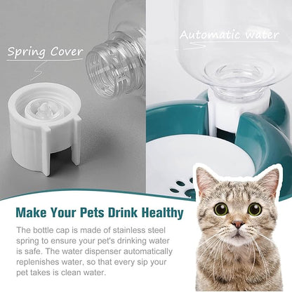 Dog Bowls, Cat Food and Water Bowl Set with Water Dispenser and Stainless Steel Bowl for Cats and Small Dogs - Dark Green - PAWPICO
