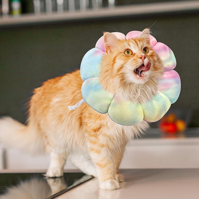 Flower Cat Cone, Uadonile Adjustable Cat Cone Collar, Soft Dog Elizabethan Collar Recovery E Collar After Surgery, Recovery E-Collar for Kittens/Puppies and Cats Recovery(Tie-dye Pink Blue, L) Uadonile