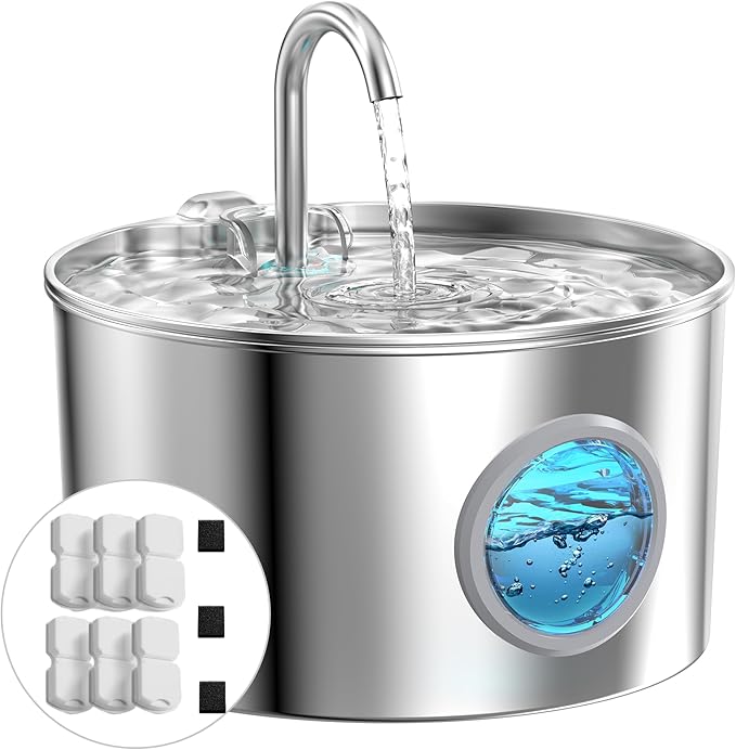 Cat Water Fountain Stainless Steel: Cat Fountain for Drinking - Pet Water Fountain for Cats Inside - 74oz/2.2L Quiet Cat Water Bowl Dispenser - Cat Drinking Fountains - Contains 6 Filters + 3 Sponges - PAWPICO