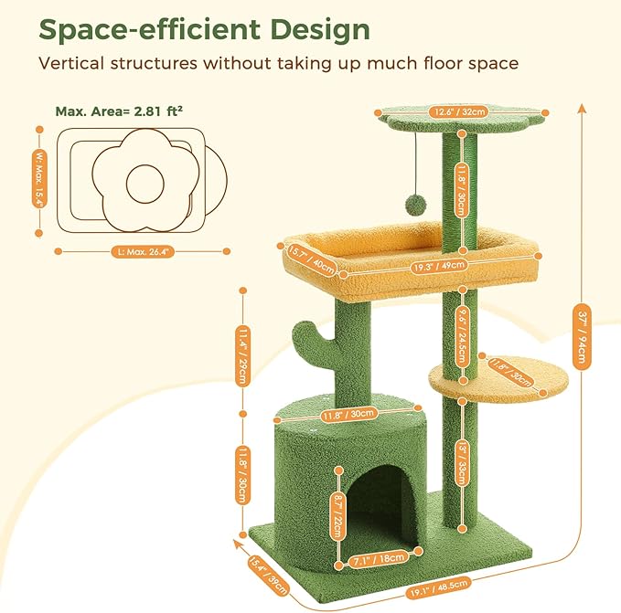 Made4Pets Cat Tree, 36.5 Inches Cat Tower for Indoor Cats, Multi-Level Cactus Cat Tree with Scratching Posts, Private Cat Condo, Plush Perch for Small Cat Kittens - PAWPICO