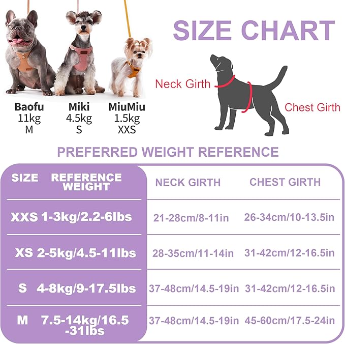 Puppytie No Pull XXS Puppy Harness with Multifunction Dog Leash,Soft Adjustable No Choke Escape Proof Pet Harness Vest,Light Purple,XXS - PAWPICO