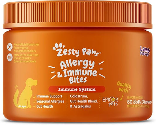 Zesty Paws Dog Allergy Relief - Dog Itching Skin Relief - Dog Probiotics for Itchy Skin and Itchy Ears - Dog Allergy Chews - Dog Itch Relief - Dog Skin Allergy Relief - Lamb - 50ct ZestyPaws
