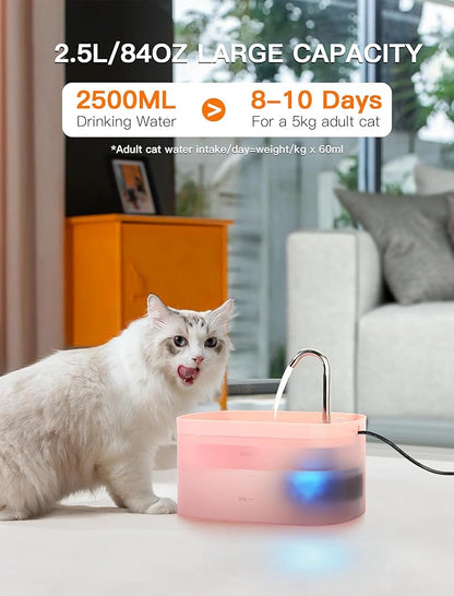 Cat Water Fountain, 84OZ/2.5L Cat Fountain, Super Silent Pet Water Fountain, Activated Carbon Filter, Translucent Pet Water Dispenser Suitable for Multiple Pets Family (Pink) - PAWPICO