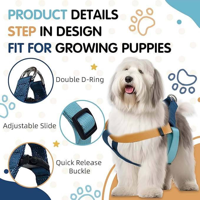 Tri-Color Dog Harness, Adjustable Step-in Design No Pull Dog Harness for Medium Dogs No Pull, Heavy Duty Puppy Harness, Easy for Walking Dog Harness Medium Size Dog Blue Orange Pawhuggies