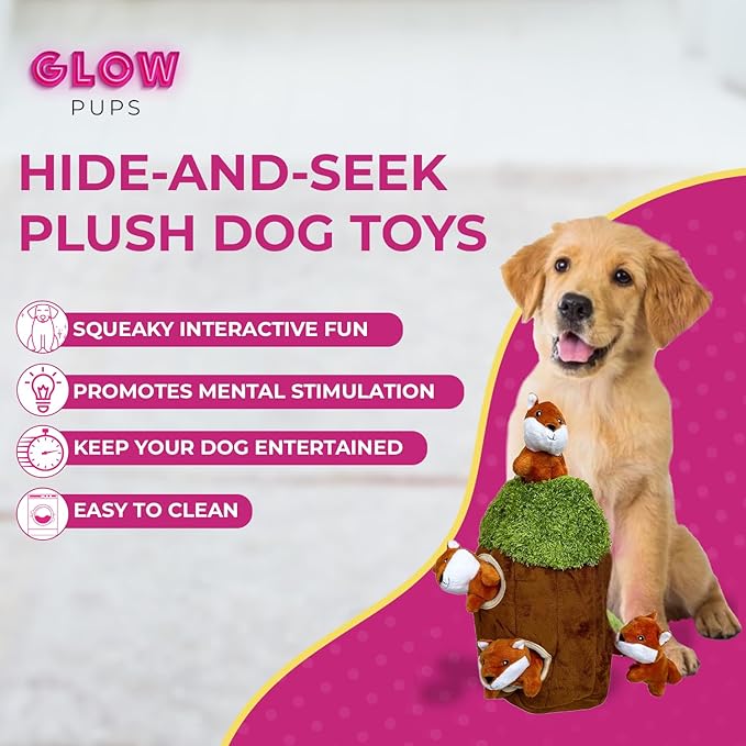 Fox in Tree Hide and Seek Dog Toy for Small and Medium Size Dogs, Plush Fox Inside Trunk Dog Toy with Squeaker, Interactive Burrow Dog Toy (Tree with Fox, Medium) - PAWPICO