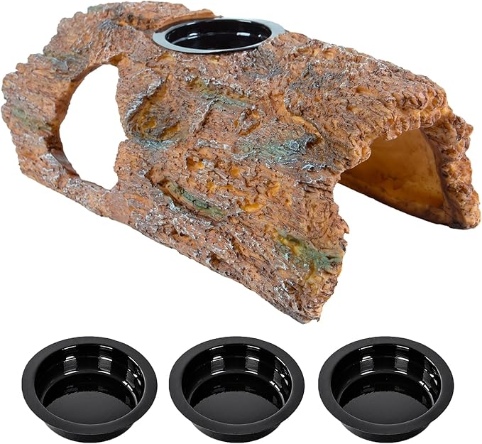 2 in 1 Reptile Hides and Caves with Top Feeder, 9in Resin Hollow Bark Log Hideout, Reptile Basking Platform Hideaway Tank Accessories for Bearded Dragon, Snake, Gecko, Lizard, Tortoise CAVACHEWReptileSupplies