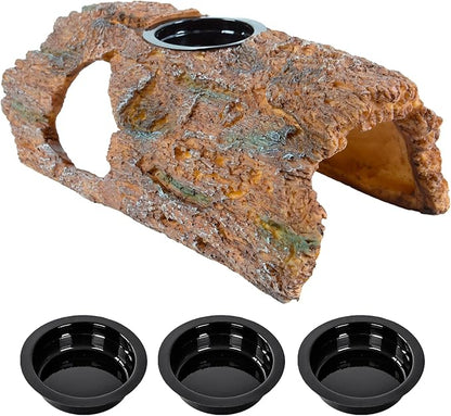 2 in 1 Reptile Hides and Caves with Top Feeder, 9in Resin Hollow Bark Log Hideout, Reptile Basking Platform Hideaway Tank Accessories for Bearded Dragon, Snake, Gecko, Lizard, Tortoise CAVACHEWReptileSupplies