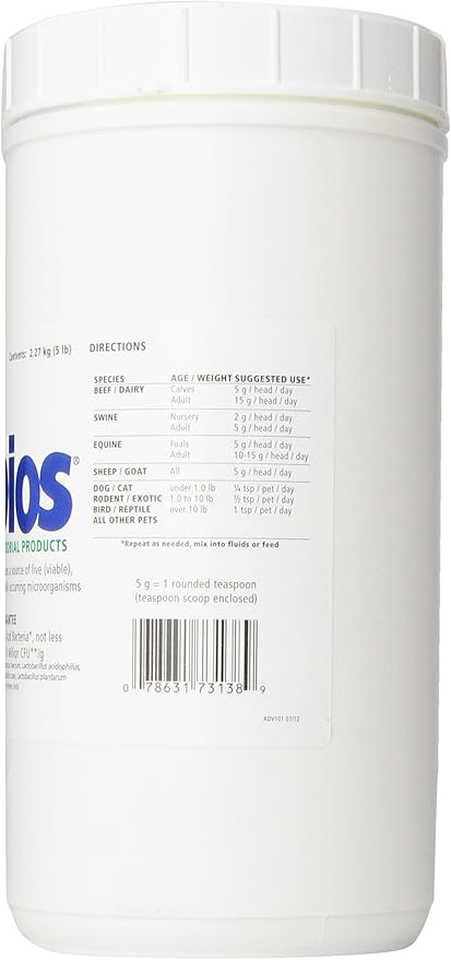 Probios Dispersible Powder - Pet Probiotic for Swine, Equine, Sheep, Goat, Dog, Cat, Bird, Rabbit (5 lbs) Probios