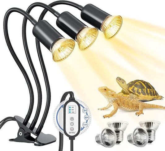 Reptile Heat Lamp, Three Head Reptile Light with Cycle Timer,UVA UVB Light, dimmable Basking lamp for Tortoise, Bearded Dragon, Lizard, Snake, E26/27 Base with 4 Bulbs (50W)-Black TFNN