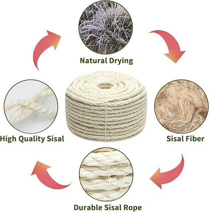 Natural Sisal Rope 1/4 Inch 32-Feet for Cat Tree Tower Repair and Replace Scratching Post, DIY Hemp Twine Rope for Cat Scratching Furniture Window Perch and Crafts Gardening Home Decorating - PAWPICO