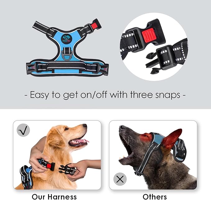 PHOEPET Reflective Dog Harness Large Breed Adjustable No Pull Vest with Handle 2 Metal Rings 3 Buckles [Easy to Put on & Take Off](L, Blue) - PAWPICO