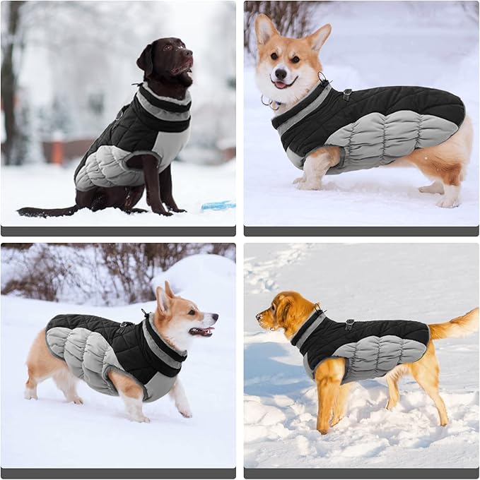 FUAMEY Warm Winter Dog Jacket with Built-in Harness, Waterproof Windproof Reflective Fleece Vest with Zipper for Medium Dogs - Black - PAWPICO
