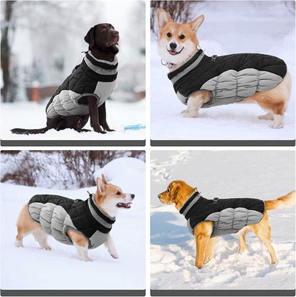 FUAMEY Warm Winter Dog Jacket with Built-in Harness, Waterproof Windproof Reflective Fleece Vest with Zipper for Medium Dogs - Black - PAWPICO
