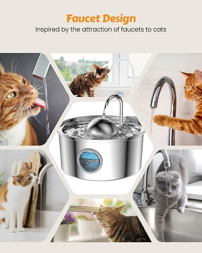 Stainless Steel Cat Water Fountain - Dogs&Cats&Pets&Small Animals Automatic Bowl Dispenser - Pet Drinking Waterer Bowls Indoor - Auto Kitty Watering Dish Supplies - 108oz/3.2L Easy Cleaning Machine - PAWPICO