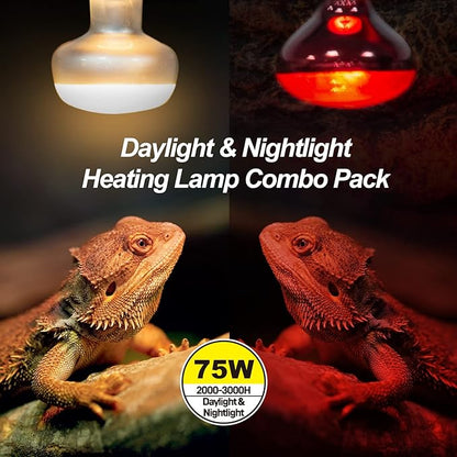WACOOL 2Pack 75W Reptile Heat Lamp Day & Night Kit, Nature Simulated Basking Daylight & Nightlight Heat Lamp Bulbs for Reptiles & Amphibians, UVA Heat Lamp for Bearded Dragon Gecko Turtle Lizard WACOOLTERRA