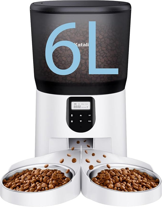Automatic Cat Feeder for 2 Cats, 6L/25Cups Cat Food Dispenser with 2 Stainless Bowls, Pet Feeder with Timer Setting 20 Portions 4 Meals Per Day for Cats and Dogs, Dual Power Supply 10s Meal Call - PAWPICO