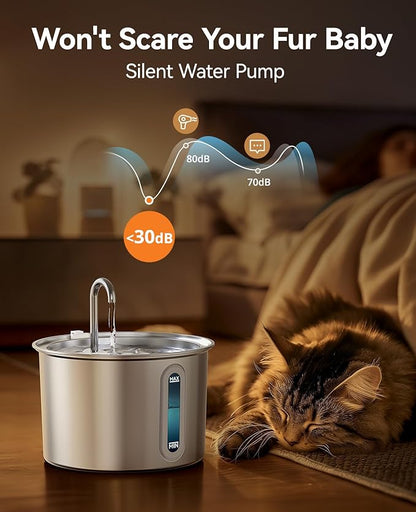 oneisall Stainless Steel Cat Water Fountain, 2L Water Fountains for Cats Indoor Dishwasher Safe with Quiet Pump and 3 Replacement Filters, Automatic Pet Water Fountain Faucet Spout Design - PAWPICO
