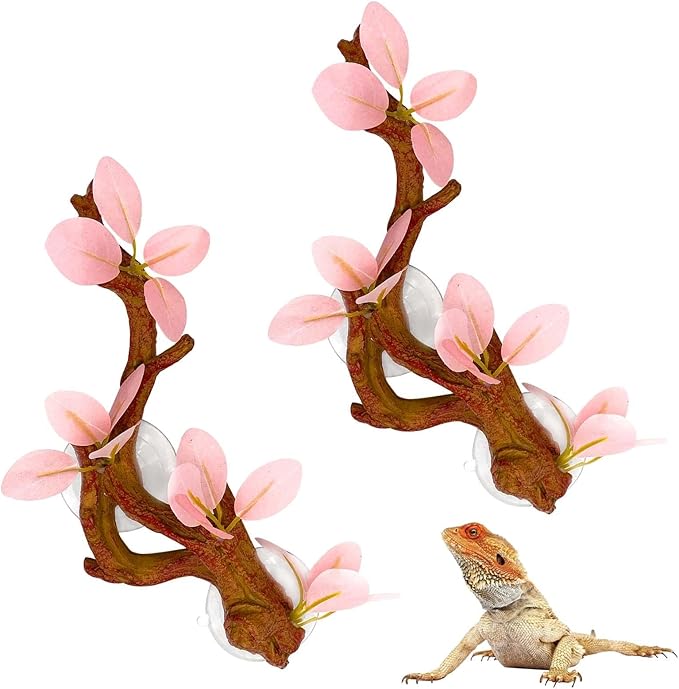 kathson 2 PCS Reptile Corner Branch, Lizard Climb Branches Decor Terrarium Plant Decoration with Suction Cup Reptile Tank Plant Ornament for Bearded Dragons Gecko Snake Spider Frog (Pink) kathson