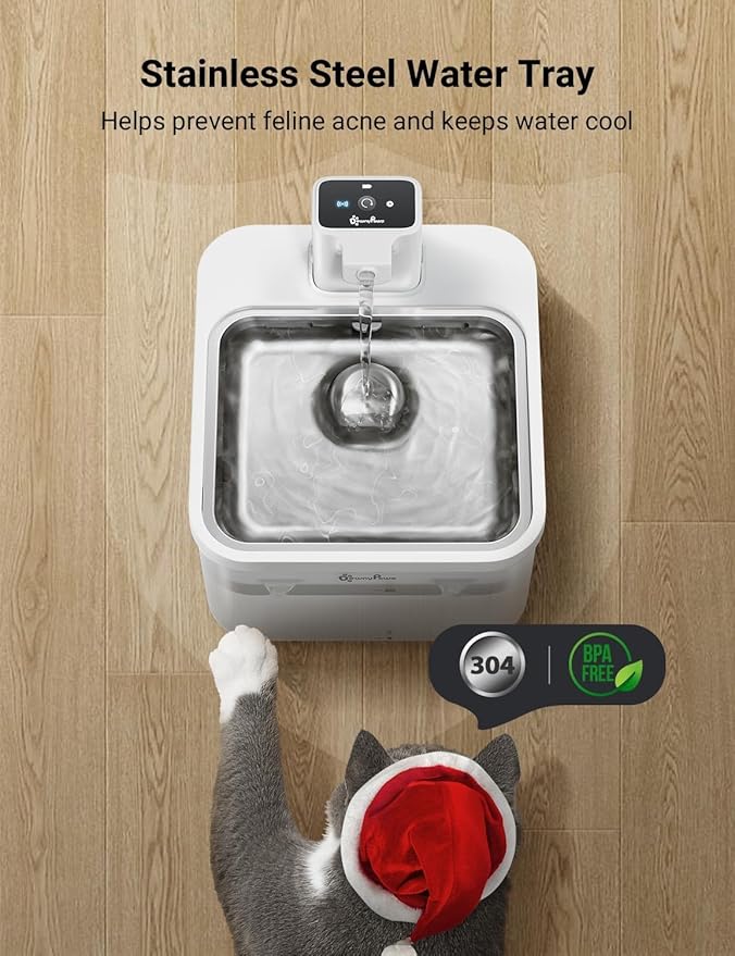 DownyPaws Battery Operated Cat Water Fountain Stainless Steel, 84oz/2.5L Fursink Wireless Pet Water Fountain for Cats Inside, Automatic Dog Water Dispenser with Faucet, Quiet Pump, BPA-Free, White - PAWPICO
