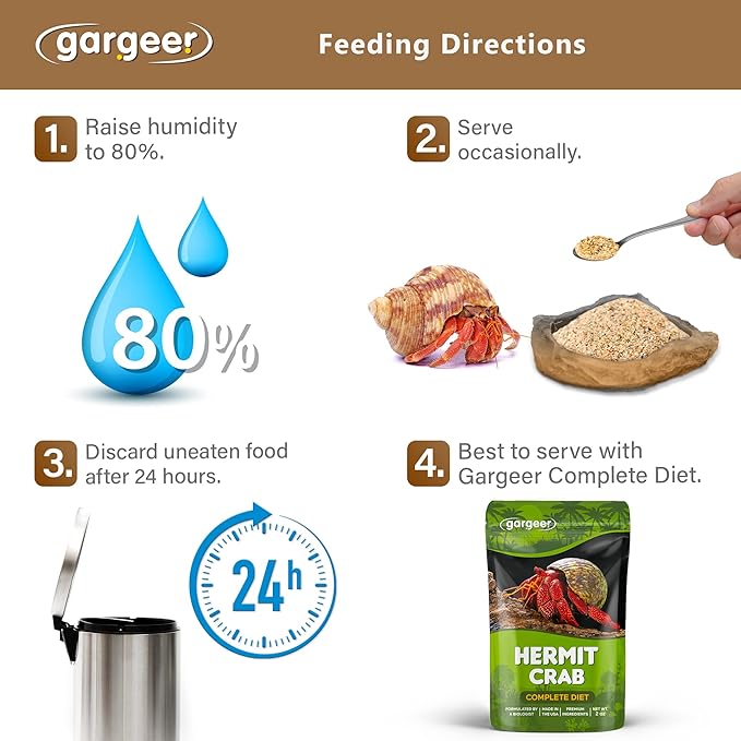 Hermit Crab Protein Treat. Non-GMO Premium Ingredients, to Meet All Protein and Support Strength and Growth. 2oz Granular Textured ‘Surprise Your Crab’ Meal. Enjoy! Gargeer