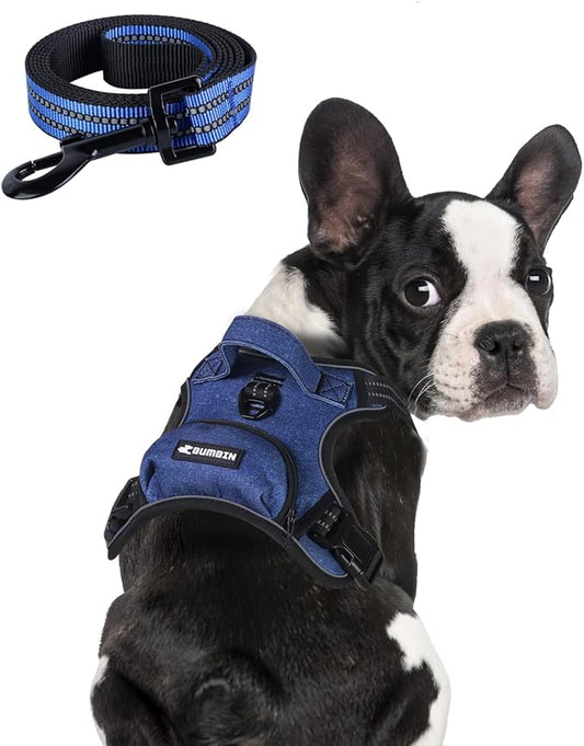 BUMBIN Dog Harness for Large Dogs, No Pull Adjustable No Choke Pet Vest with Dog Leash Fit Smart Reflective Pet Walking Harness for Training Easy Control Soft Handle Denim Blue XL BUMBIN