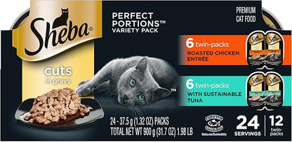 SHEBA PERFECT PORTIONS Cuts in Gravy Wet Cat Food Trays (12 Count, 24 Servings), Signature Tuna and Roasted Chicken Entrée, Easy Peel Twin-Pack Trays - PAWPICO