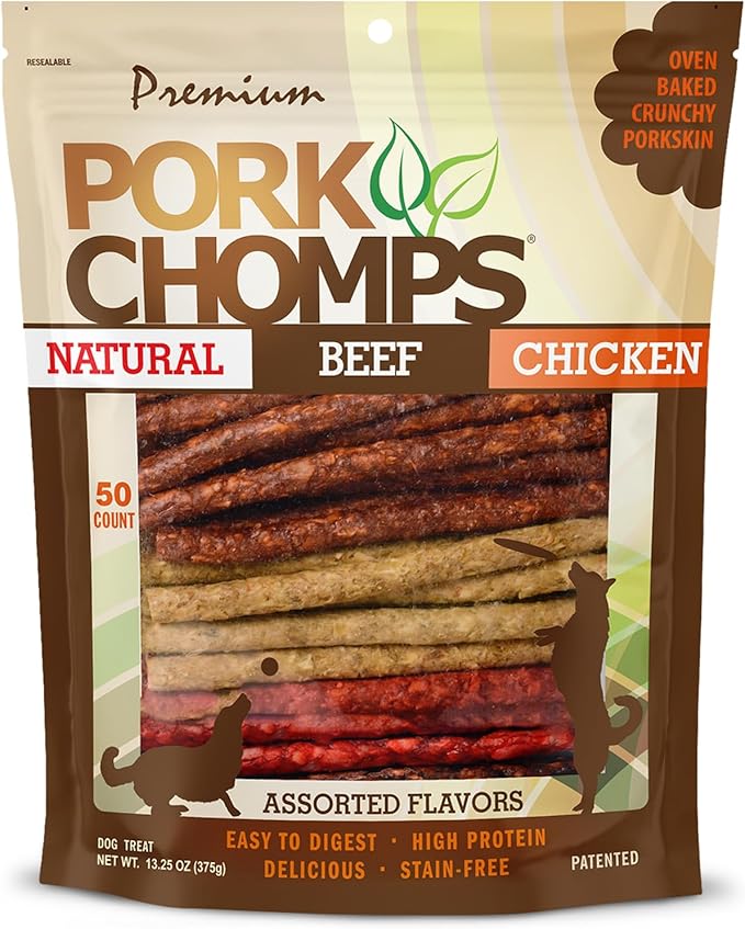Pork Chomps Dog Chews, 5-inch Munchy Sticks, Assorted Flavors, 50 Count (Pack of 1) - PAWPICO
